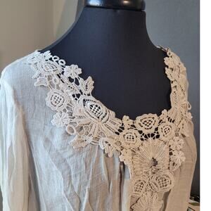 Beige Lace Cutout Peasant Blouse XL Boho Cottagecore Romantic Flowy